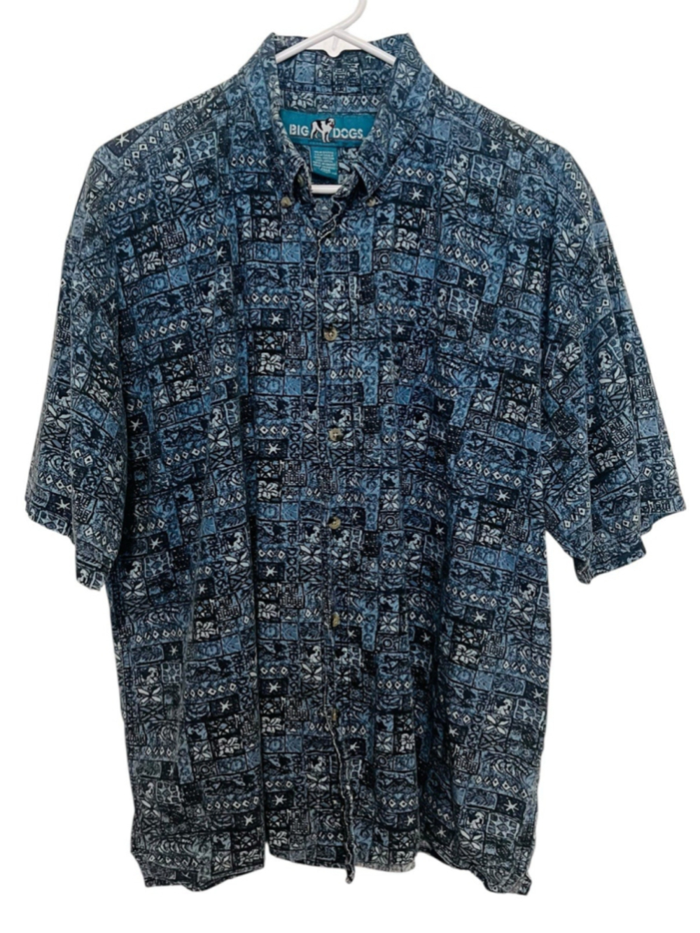 Vintage Big Dogs Button Up Shirt Men’s Large Blue Tropical Hawaiian Short Sleeve